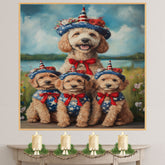 Mother Labradoodle and Three Puppies Dressed in Patriotic Outfits with Star Hats and Red Bows by a Lake and Wildflowers on Ready to Hang 1.5" Thick Canvas Wrap, Floating Framed Canvas, Flat Rolled Canvas